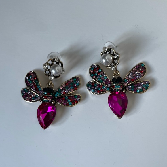 Bee Earrings jewel honeybee pearls dangle drop - Picture 2 of 4